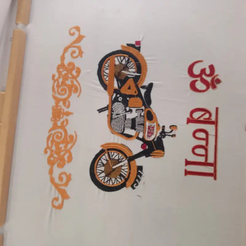 Om Banna logo shirt featuring a vibrant motorcycle design with intricate embroidery