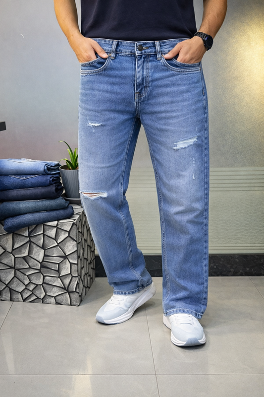Straight Fit Washed Damage Jeans
