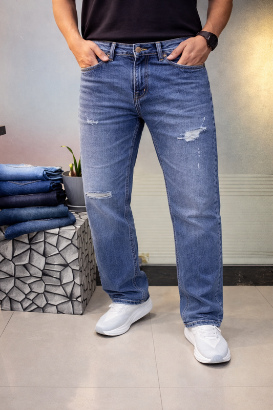 Straight Fit Washed Damage Jeans