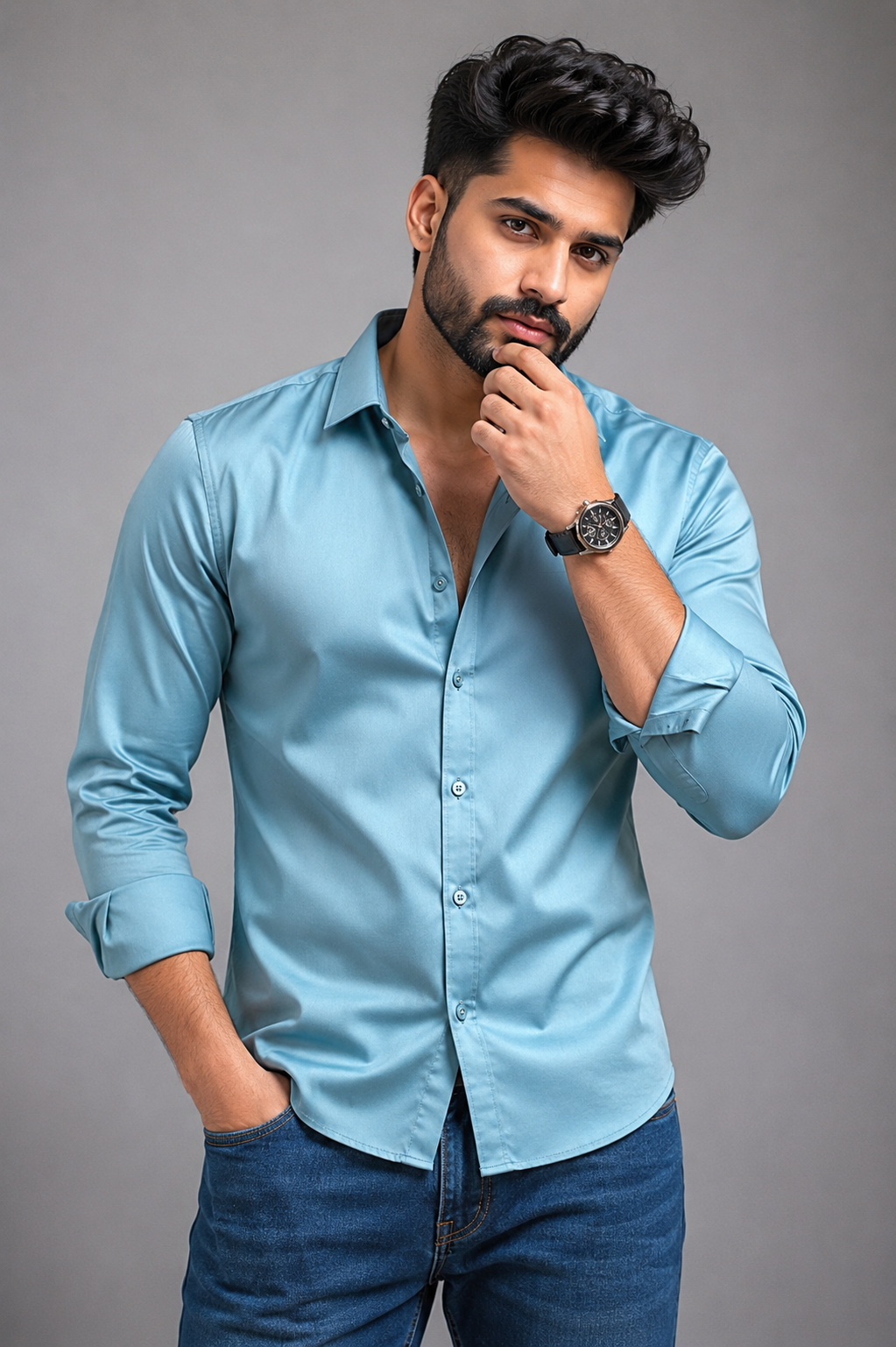 Plain Satin Shirt With Jeans Combo